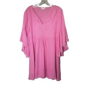 Umgee Women's Pink Bell Sleeve Knee Length Dress Size Large Boho Barbie